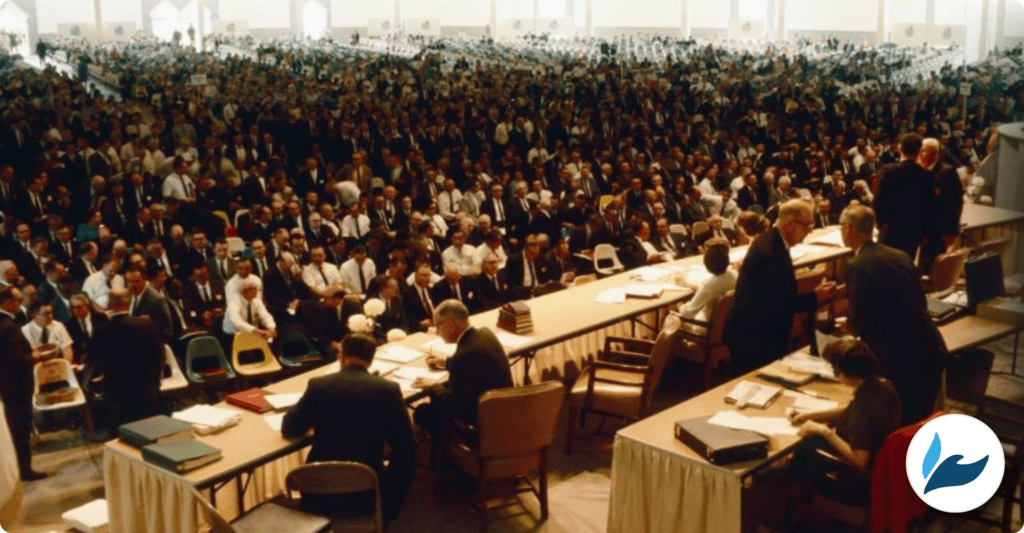 Large conference with many attendees at World Methodist Evangelism event.